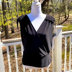 WHBM NWOT GLAMOUR Black Top Gold Beaded Tie Shoulder Accent Size M